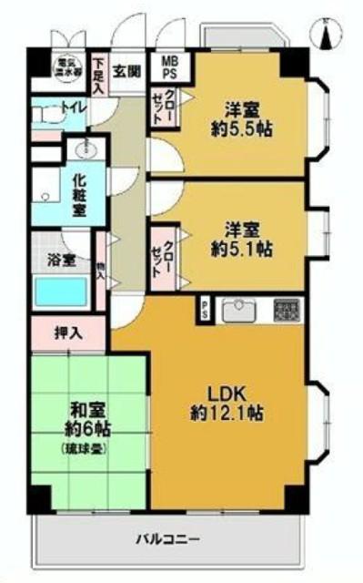 Floor plan. 3LDK, Price 18,800,000 yen, Footprint 66.3 sq m , Balcony area 8.96 sq m