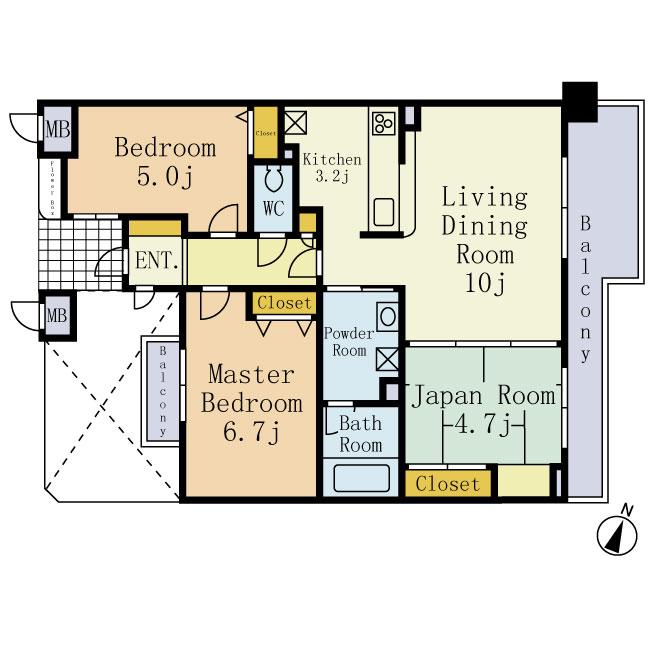 Floor plan. 3LDK, Price 28.8 million yen, Occupied area 65.76 sq m , Mato of 3LDK, including the balcony area 8.96 sq m Japanese-style room. East-facing balcony