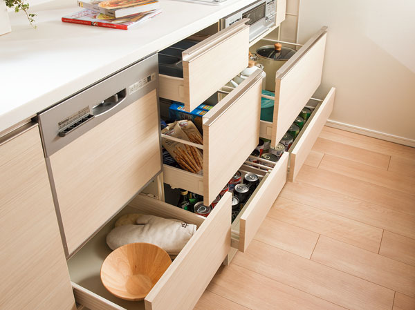 Receipt.  [Kitchen slide storage] Such as the adoption of loading and unloading is easy to slide housed tableware (under the sink are excluded). So it can be stored in a drawer, Also fit and clean large cookware.