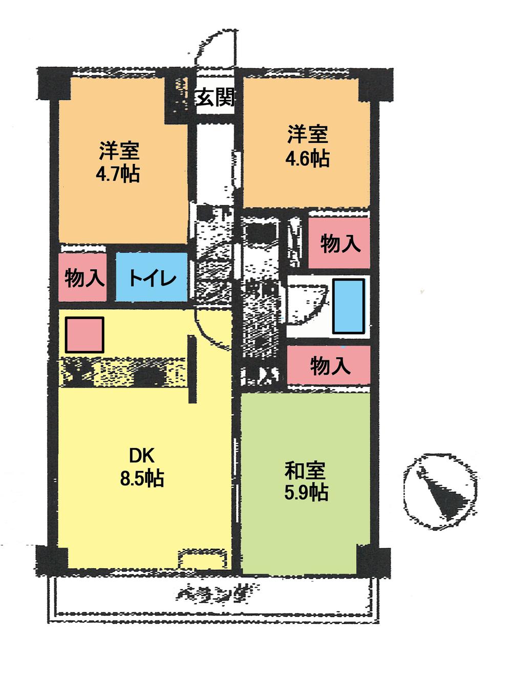 Floor plan. 3DK, Price 6.2 million yen, Occupied area 54.87 sq m , Balcony area 6.88 sq m floor plan