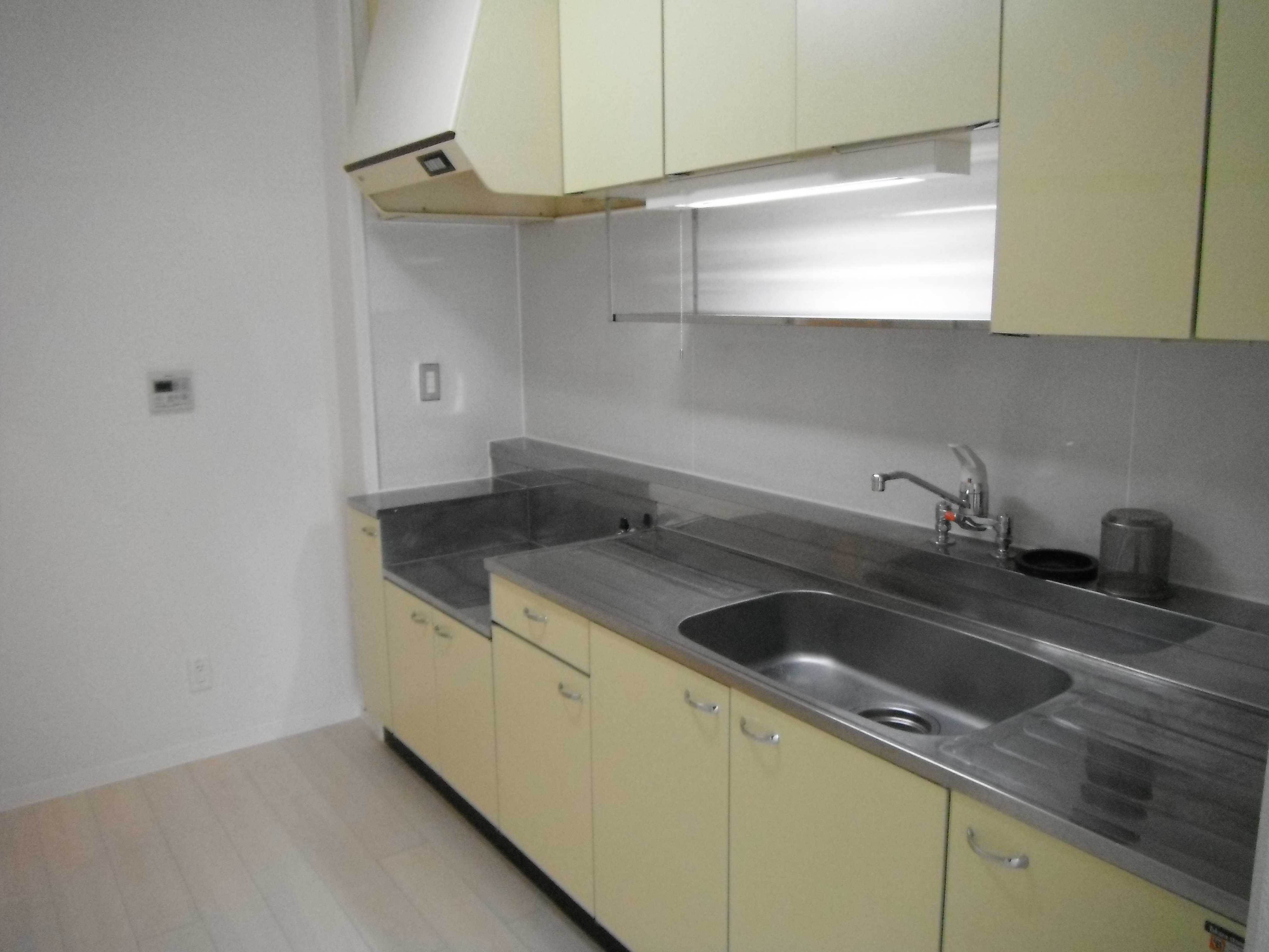 Kitchen. Good usability with plenty of storage. Two-burner gas stove can be installed