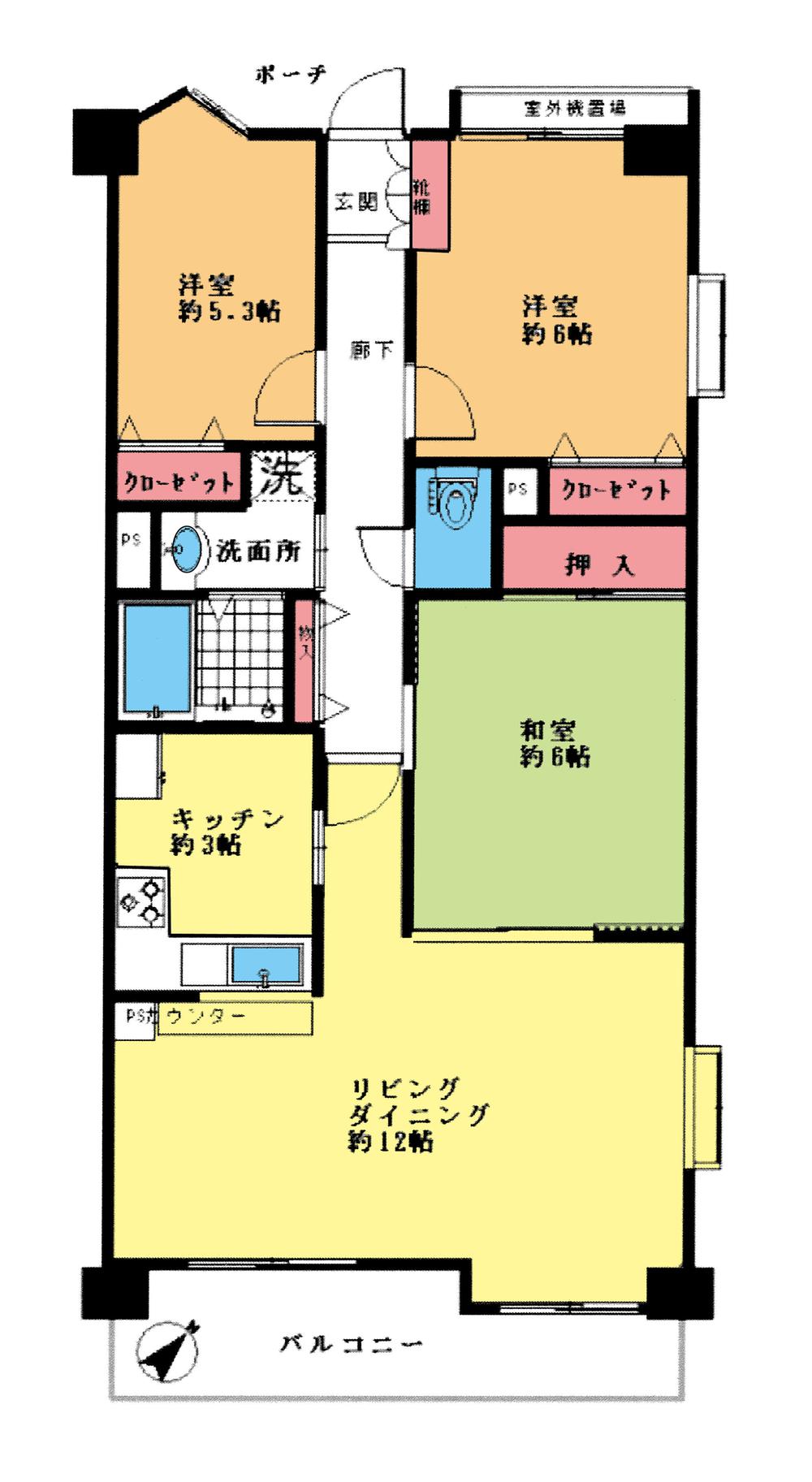 Floor plan. 3LDK, Price 16.2 million yen, Occupied area 69.54 sq m , Balcony area 9.27 sq m floor plan