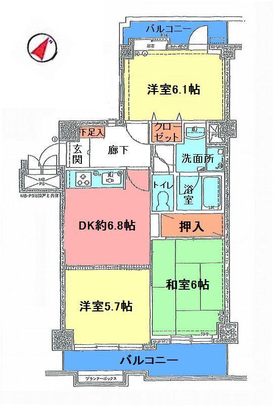 Floor plan. 3DK, Price 10.8 million yen, Occupied area 54.65 sq m , Balcony area 10.3 sq m