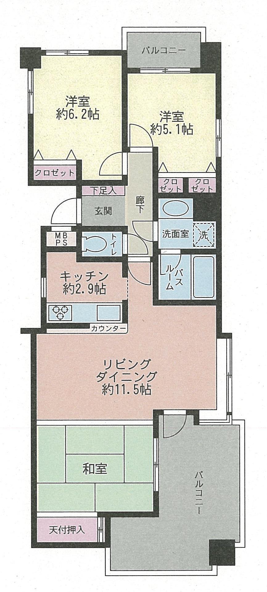 Floor plan. 3LDK, Price 22,800,000 yen, Occupied area 68.39 sq m , Balcony area 16.42 sq m