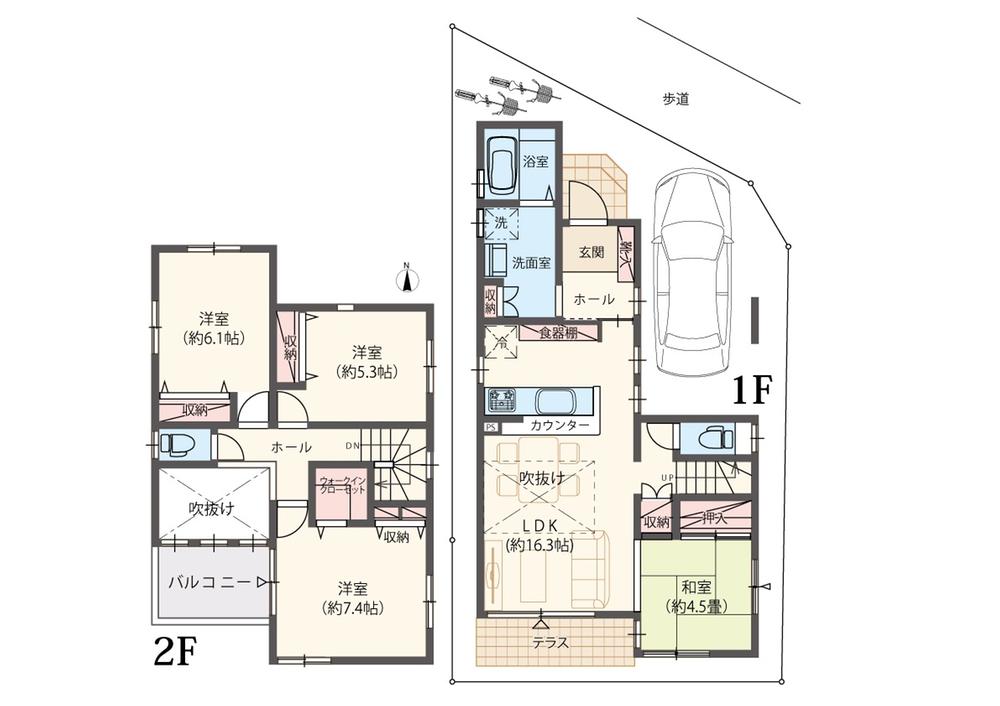 Floor plan. 38,600,000 yen, 4LDK, Land area 101.47 sq m , Building area 103.09 sq m 4LDK atrium ceiling height 5.6m attractive built with garage
