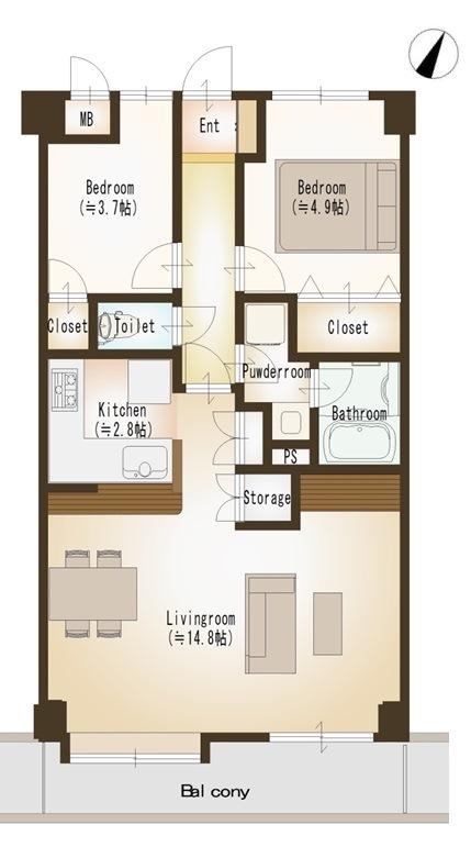 Floor plan. 2LDK, Price 18,800,000 yen, Occupied area 58.99 sq m , Balcony area 6.84 sq m floor plan