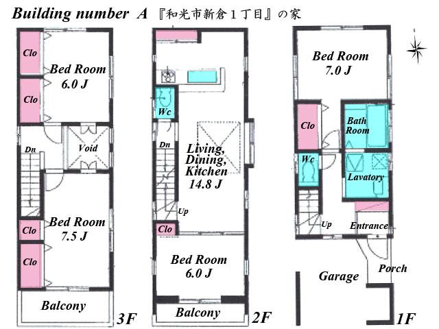 Floor plan. 39,500,000 yen, 4LDK, Land area 70 sq m , A building area of ​​115.36 sq m atrium 14.8 quires LDK! Balcony 2 places It is daylight full of living space. All living room flooring and storage enhancement 6 quires more Bathroom is equipped with TV! 