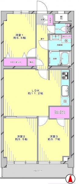 Floor plan. 3LDK, Price 20.8 million yen, Occupied area 63.18 sq m , Balcony area 6.48 sq m