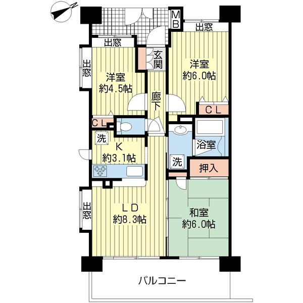Floor plan. 3LDK, Price 31,900,000 yen, Occupied area 60.07 sq m , Balcony area 12.2 sq m Floor