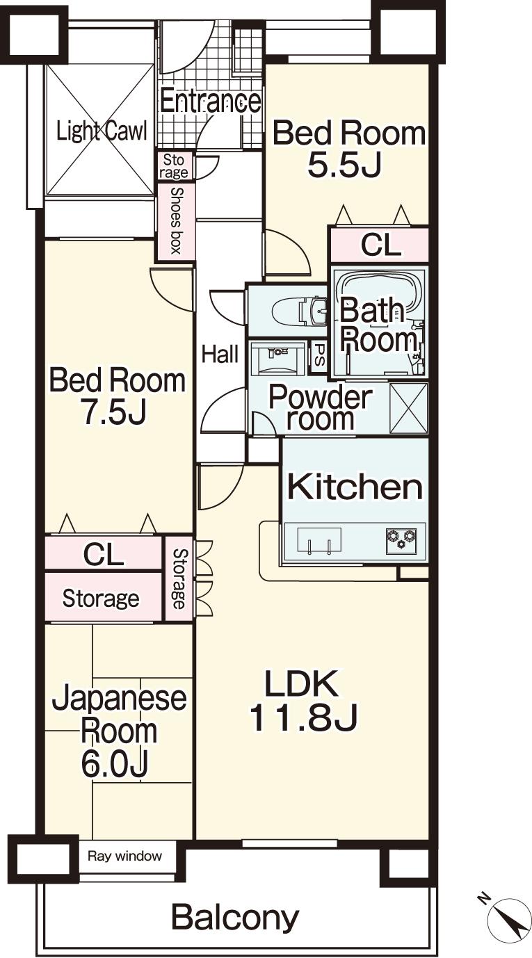 Floor plan. 3LDK, Price 22,800,000 yen, Occupied area 75.13 sq m , Balcony area 11.7 sq m