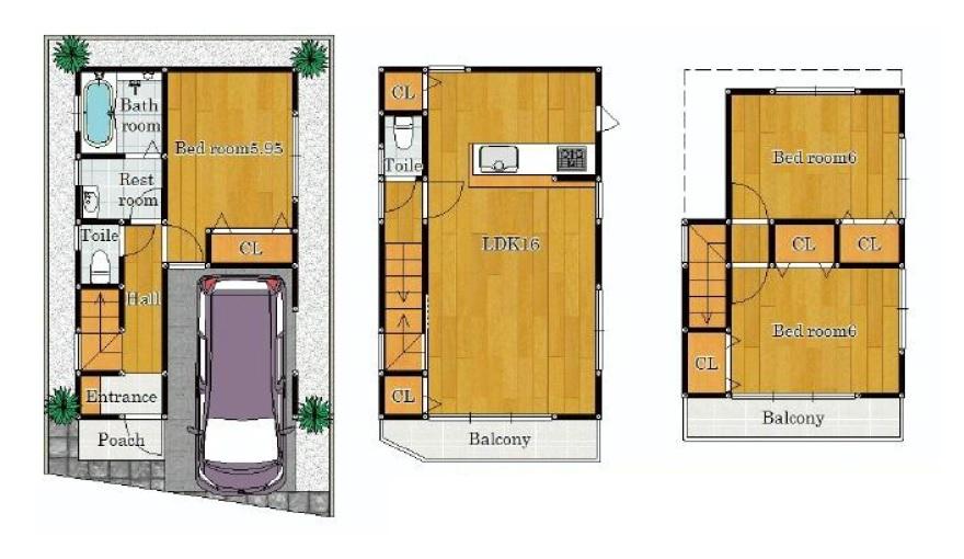 Floor plan. 32,800,000 yen, 3LDK, Land area 57.55 sq m , South-facing balcony of the building area 95.21 sq m 2,3 floor and then insert a lot of light in the room