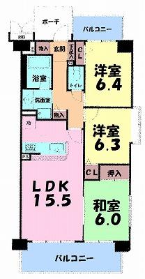 Floor plan. 3LDK, Price 19,800,000 yen, Occupied area 75.72 sq m , Balcony area 14.23 sq m