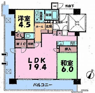 Floor plan. 2LDK, Price 30,800,000 yen, Occupied area 65.16 sq m , Balcony area 28.02 sq m