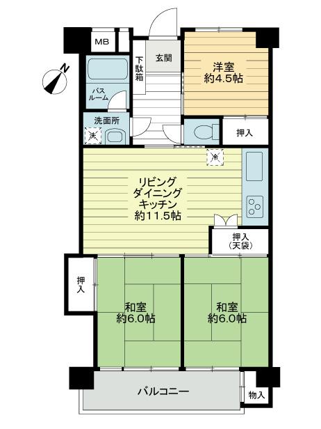 Floor plan. 3LDK, Price 14.9 million yen, Footprint 64.8 sq m , Balcony area 6.63 sq m