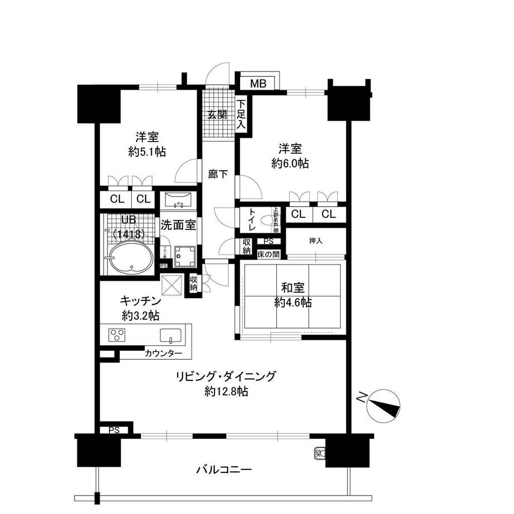 Floor plan. 3LDK, Price 47,800,000 yen, Occupied area 70.57 sq m , Balcony area 12.78 sq m