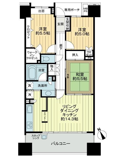 Floor plan. 3LDK, Price 32,800,000 yen, Occupied area 72.78 sq m , Balcony area 13 sq m