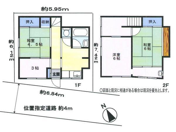 Floor plan. 9.5 million yen, 3DK+S, Land area 45.21 sq m , Building area 44.27 sq m