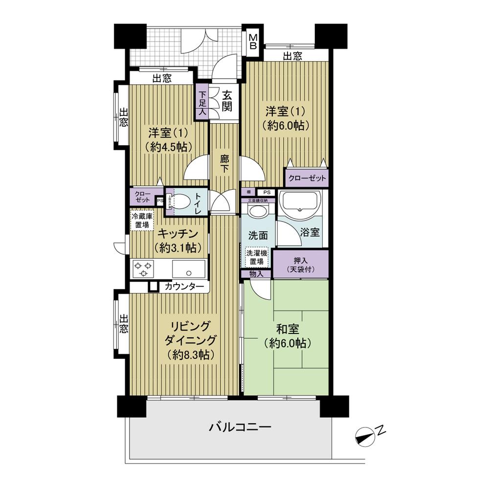 Floor plan. 3LDK, Price 31,900,000 yen, Occupied area 60.07 sq m , Balcony area 12.2 sq m
