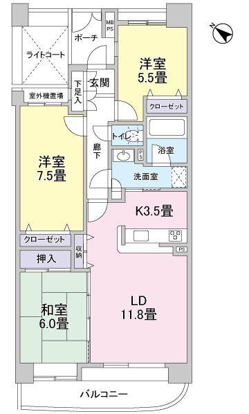 Floor plan. 3LDK, Price 22,800,000 yen, Occupied area 75.13 sq m , Balcony area 11.7 sq m