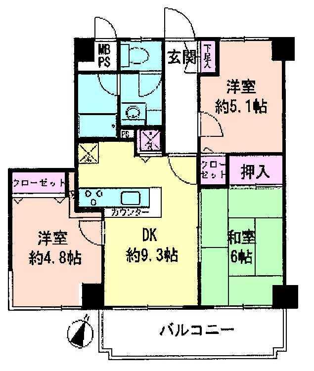 Floor plan. 3DK, Price 14,950,000 yen, Occupied area 57.69 sq m , Balcony area 9.6 sq m 3DK