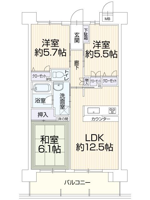 Floor plan. 3LDK, Price 23.8 million yen, Occupied area 64.89 sq m , Balcony area 11.34 sq m