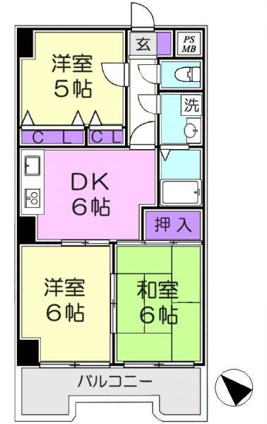 Floor plan. 3DK, Price 15.9 million yen, Occupied area 53.79 sq m , Balcony area 7.4 sq m