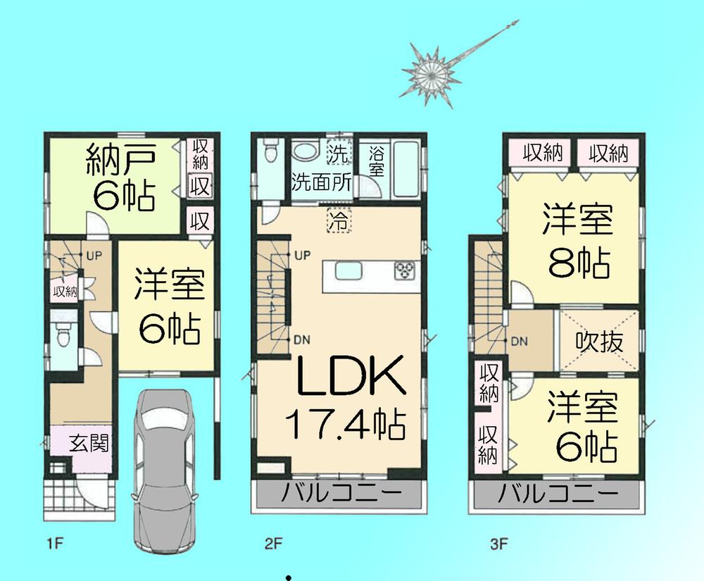 Floor plan. (Building 2), Price 39,800,000 yen, 3LDK+S, Land area 73.96 sq m , Building area 120.06 sq m