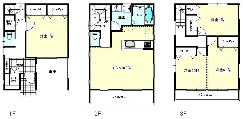 Floor plan. (E Building), Price 45,800,000 yen, 3LDK, Land area 73.29 sq m , Building area 117.36 sq m