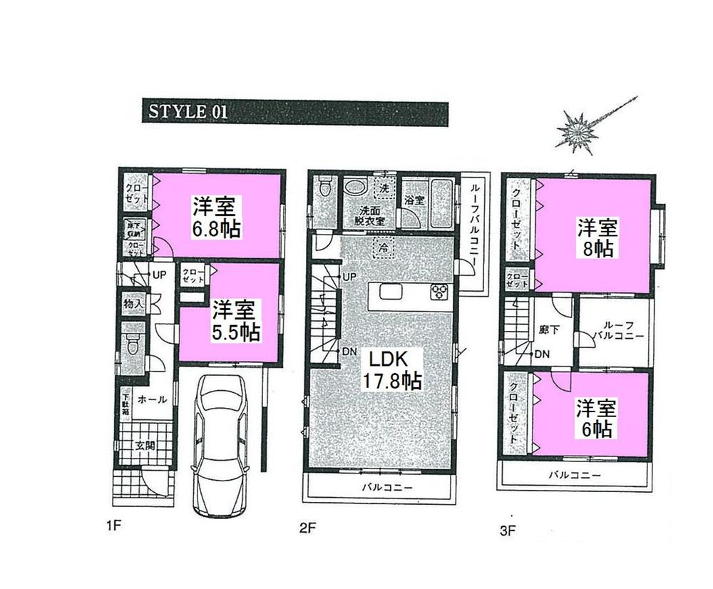 Floor plan. (1 Building), Price 43,800,000 yen, 4LDK, Land area 84.97 sq m , Building area 122.13 sq m