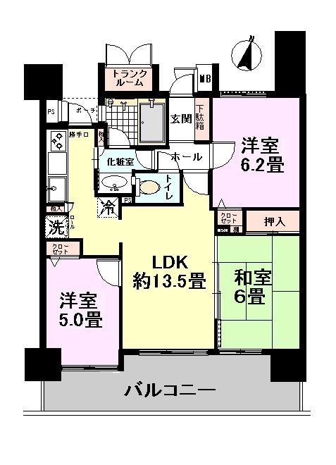 Floor plan. 3LDK, Price 17.8 million yen, Occupied area 65.72 sq m , 3 room is south-facing, including balcony area 15.07 sq m LDK! Bright room