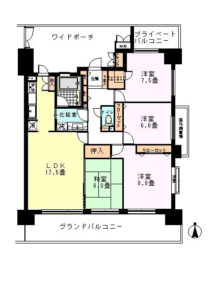 Floor plan. 4LDK, Price 19.9 million yen, Footprint 100.72 sq m , Balcony area 26.64 sq m 4LDK Occupied area: 100.72 sq m All room 6 quires more! Housing wealth!