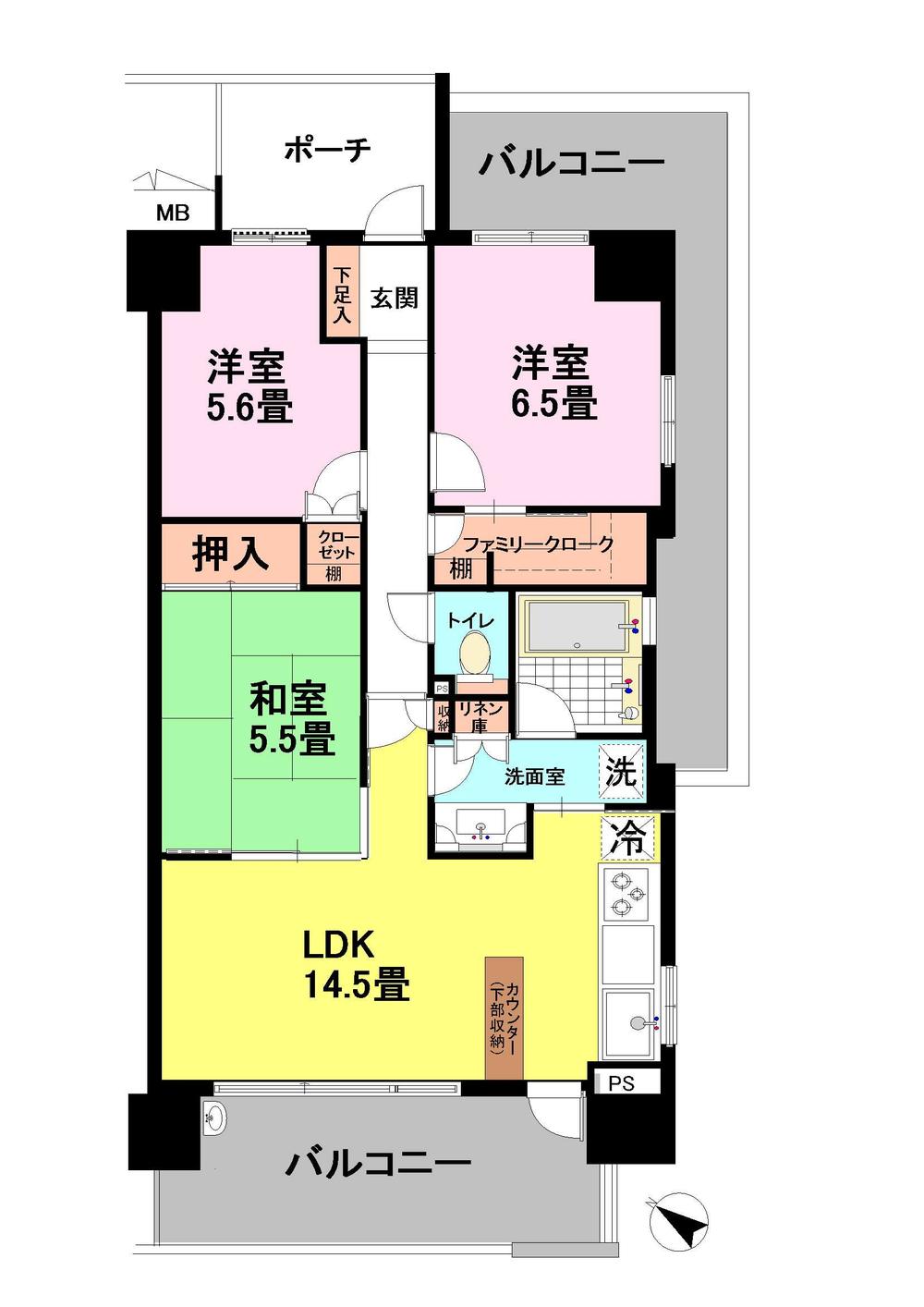 Floor plan. 3LDK, Price 24,800,000 yen, Occupied area 72.73 sq m , Balcony area 26.39 sq m 4 Kaikaku room 2 side balcony of sun per good! There is storage space in all living room!
