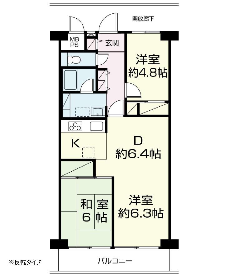 Floor plan. 3DK, Price 5.9 million yen, Footprint 61.6 sq m , Balcony area 6.72 sq m