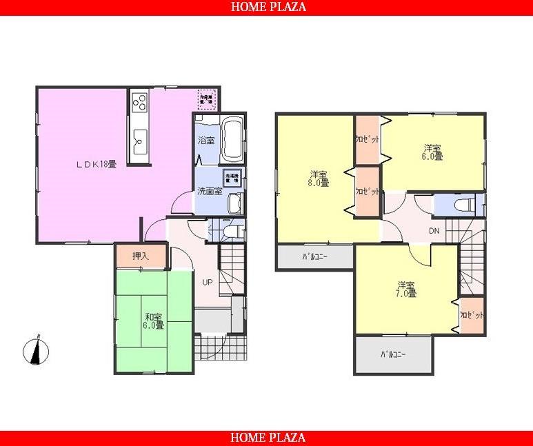 Floor plan. 21,800,000 yen, 4LDK, Land area 100.07 sq m , 2-story building area 104.74 sq m south-facing ・ Large 4LDK