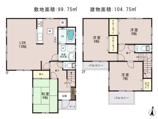 Floor plan. 21,800,000 yen, 4LDK, Land area 99.75 sq m , Building area 104.75 sq m LDK spacious 18 Pledge