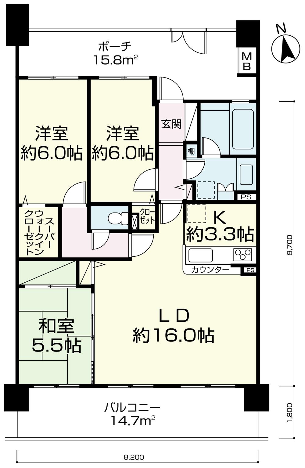 Floor plan. 3LDK, Price 29,800,000 yen, Occupied area 82.36 sq m , Balcony area 14.7 sq m