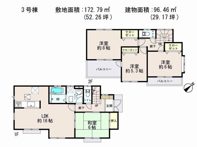 Floor plan. (3 Building), Price 25,800,000 yen, 4LDK, Land area 172.79 sq m , Building area 96.46 sq m