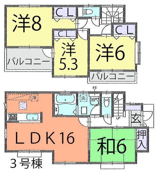 Floor plan. (3 Building), Price 25,800,000 yen, 4LDK, Land area 172.79 sq m , Building area 96.46 sq m