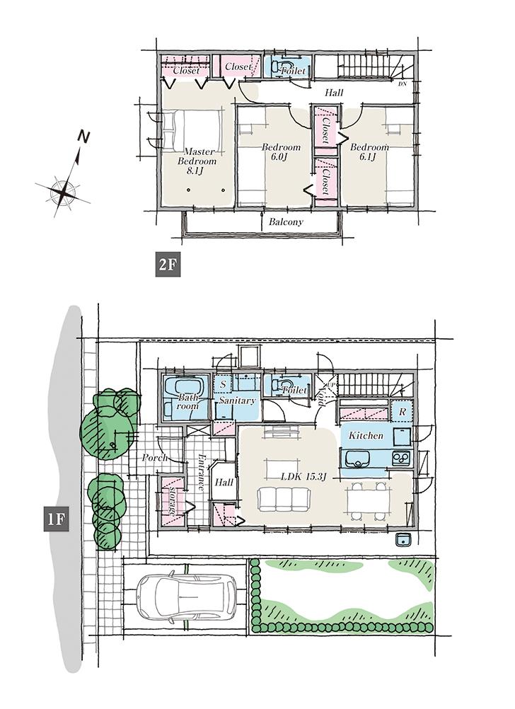 Floor plan.  [No. 2 place]  ※ Listings Mato, Planting, Exterior intended that caused draw on the basis of the design books, In fact and it may be slightly different.  Also, car ・ furniture ・ Consumer electronics ・ Although fixtures, etc. are not included in the price, Air conditioning ・ Curtain is included in price. 