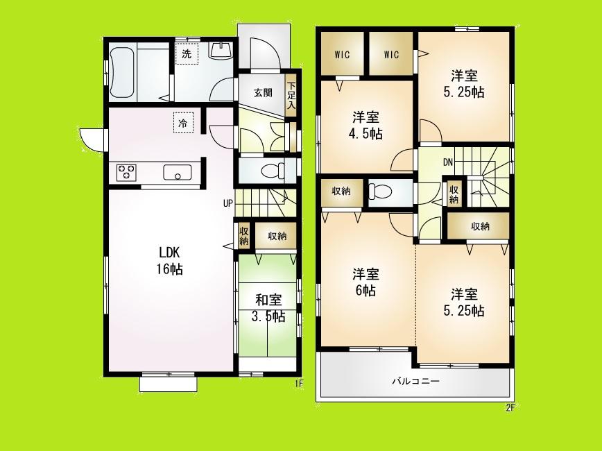 Floor plan. 30,900,000 yen, 5LDK, Land area 120.76 sq m , Building area 96.46 sq m Station 15-minute walk ・ Two units of your tour Allowed car space clear of a prime location adjacent land park popular counter kitchen can also be used Yoshikawa Minami Station Japanese-style room of Tsuzukiai attractive large 5LDK same day