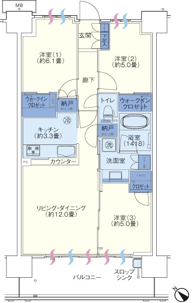 C-E type floor plan 3LDK+2N+2WIC( ※ 1)