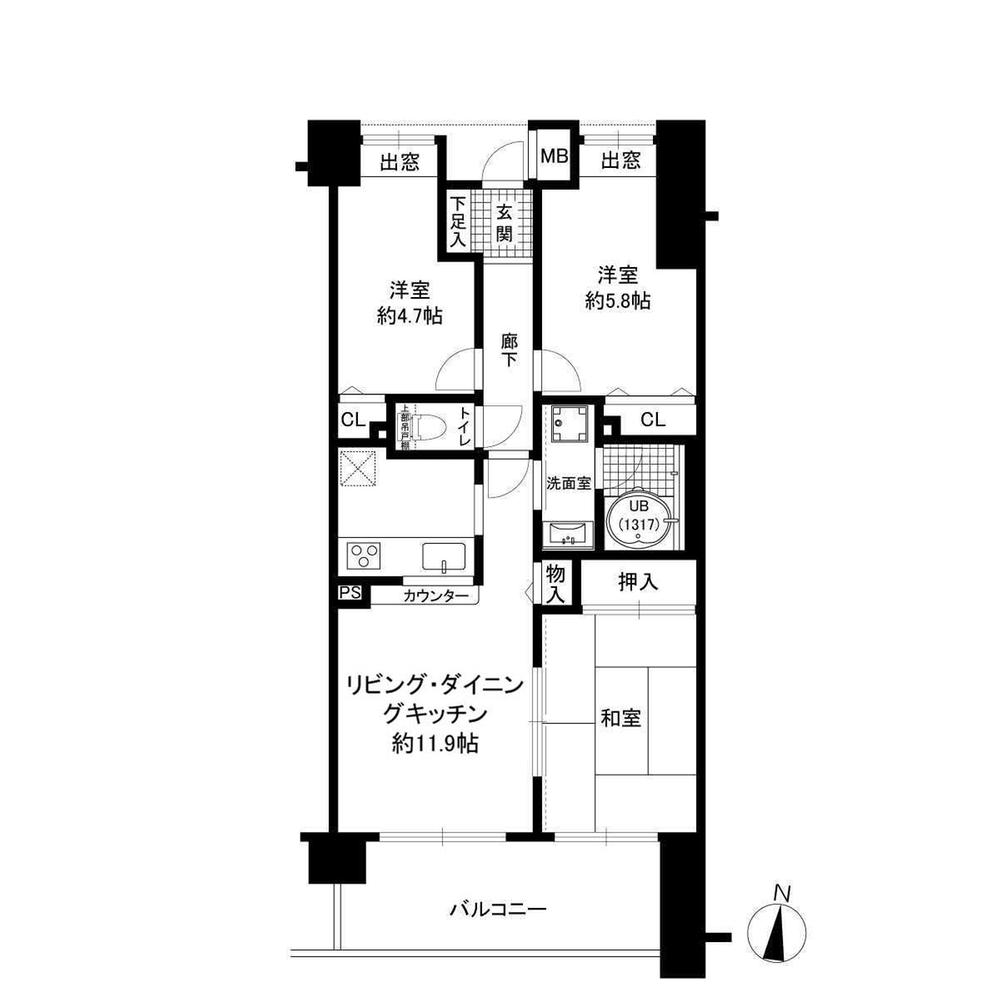 Floor plan. 3LDK, Price 15.8 million yen, Occupied area 61.75 sq m , Balcony area 10.44 sq m