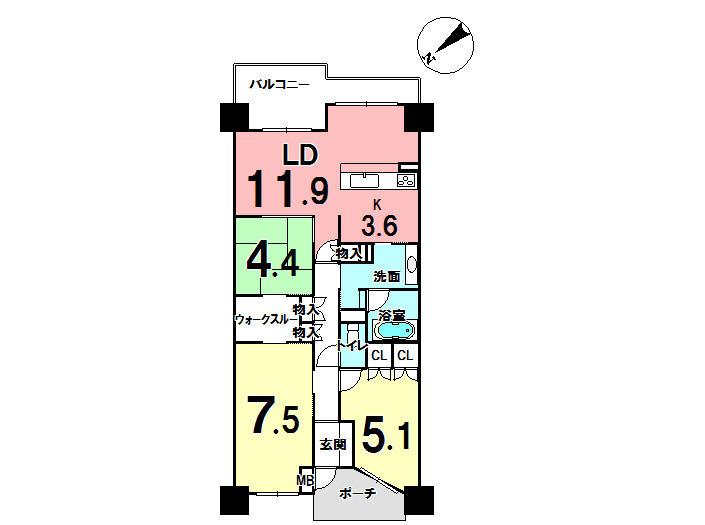 Floor plan. 3LDK, Price 17.4 million yen, Occupied area 77.46 sq m , Balcony area 13.98 sq m