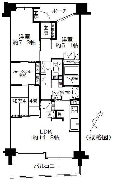 Floor plan. 3LDK, Price 13.8 million yen, Occupied area 74.97 sq m , Balcony area 10.85 sq m