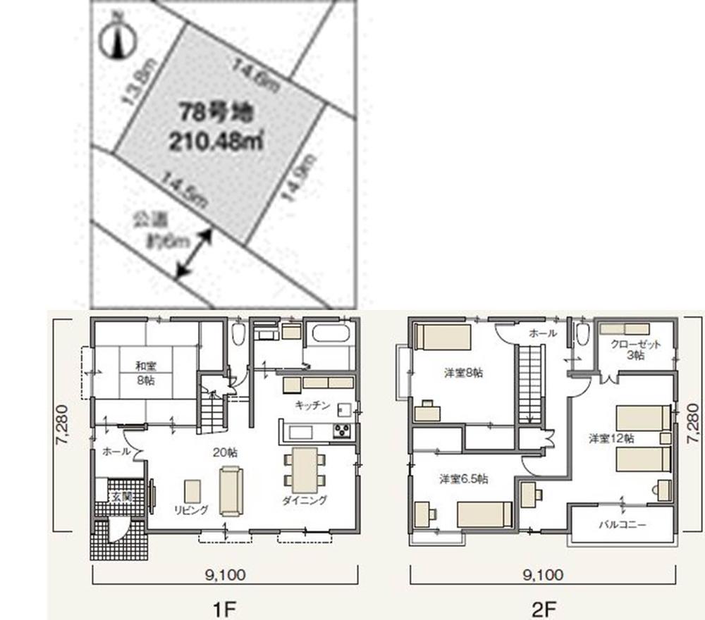 Compartment view + building plan example. Building plan example (No. 78 locations) 4LDK, Land price 14,007,000 yen, Land area 210.48 sq m , Building price 15,912,000 yen, Building area 128.34 sq m