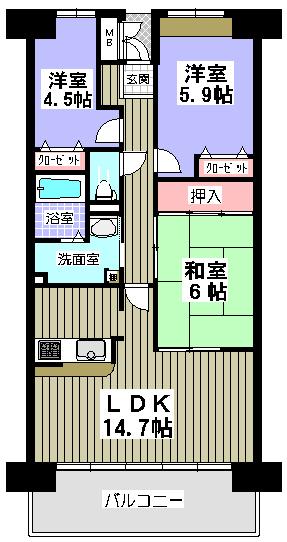 Floor plan. 3LDK, Price 12.8 million yen, Footprint 70.2 sq m , Balcony area 15.57 sq m