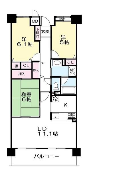 Floor plan. 3LDK, Price 12.8 million yen, Occupied area 69.24 sq m , Balcony area 9.6 sq m