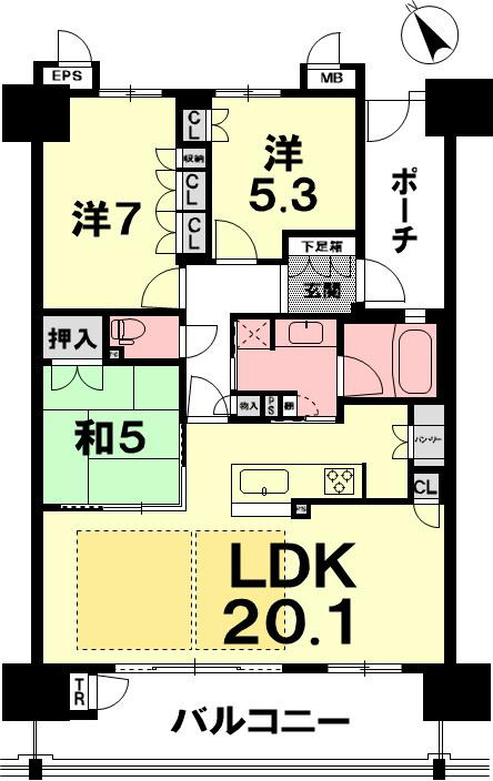 Floor plan. 3LDK, Price 34,800,000 yen, Occupied area 81.29 sq m , Balcony area 15.2 sq m