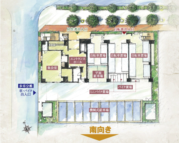Features of the building.  [Land Plan] Sense of openness, Gouty ・ In addition to the residential building placement of excellent all households facing south to the lighting of, Peace of mind ・ It is safely thoughtful land plan (site layout)