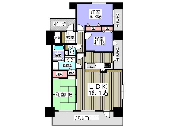 Floor plan. 3LDK, Price 16.8 million yen, Occupied area 72.21 sq m , Balcony area 17.82 sq m